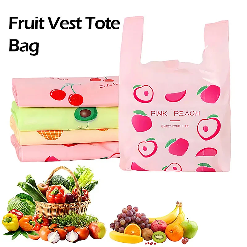 

50Pcs Cute Fruit Plastic Bag Carry Out Bags With Handle Food Packaging Retail Supermarket Grocery Shopping Home Storage