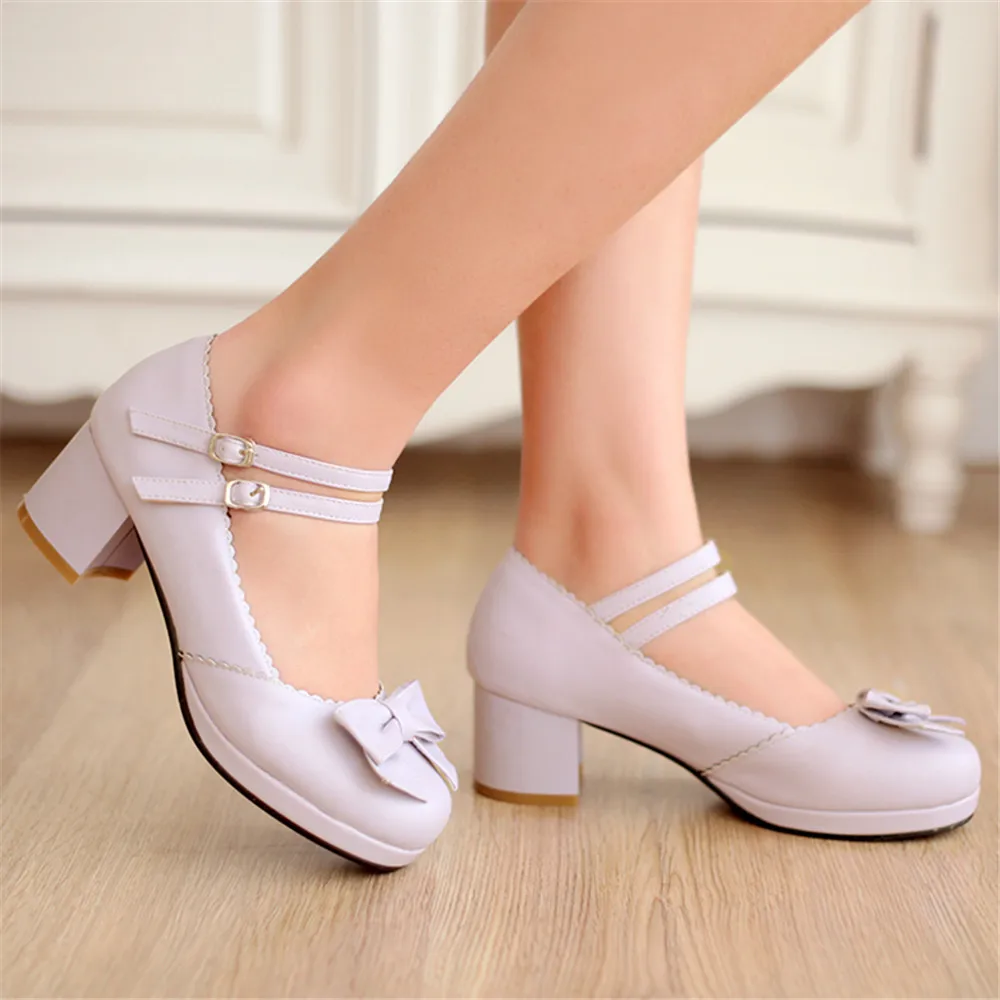 2024 Spring Women Low Heel Round Toe Straps Bow Cute Girls Princess Tea Party Lolita Students Lovely Shoes Size 33-43 Red Purple