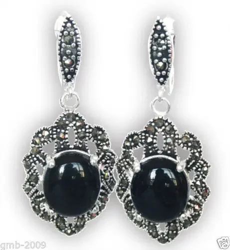 

Vintage 925 Sterling Silver Natural Black Jade Gems Marcasite Dangle Earrings