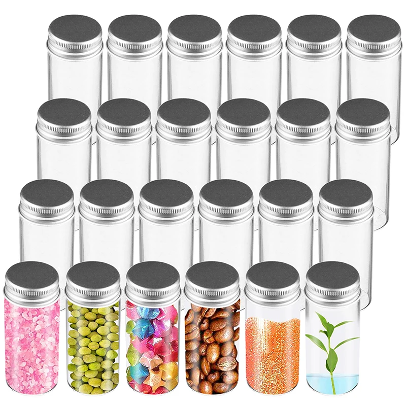 24 Pcs 100ml Plastic Long Clear Storage Bottles With Silver Screw Lid Candy Jewellery Spice Dried Fruit Tea Sealer