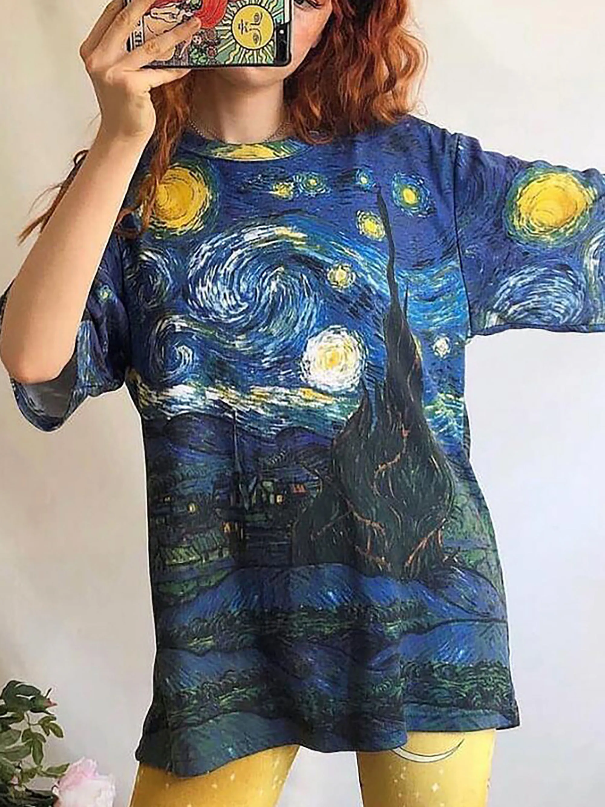 2024 Europe and the United States spring new Van Gogh\'s starry night oil painting theme printed V-neck short-sleeved blouse woma