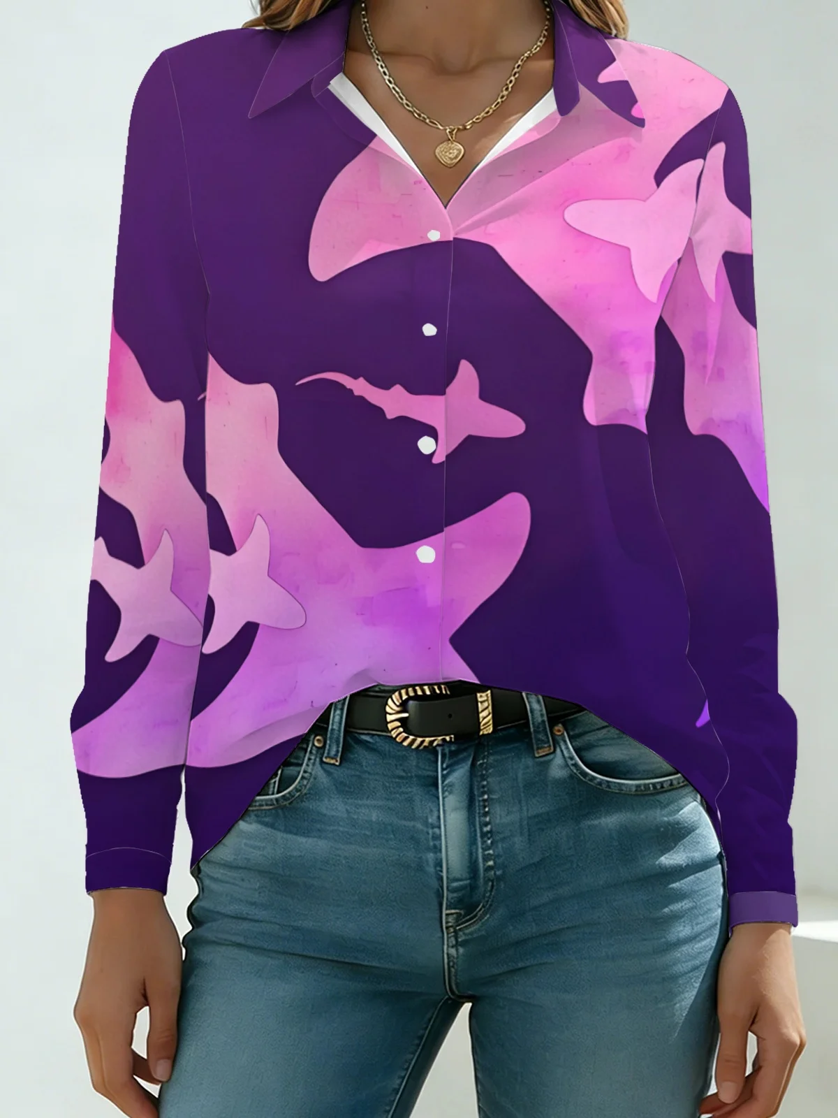 Soft Minimal Halloween Bat Womens Collared Shirt Gradient Purple Solid Base Watercolor Silhouette Flying Bat Allover Print Long
