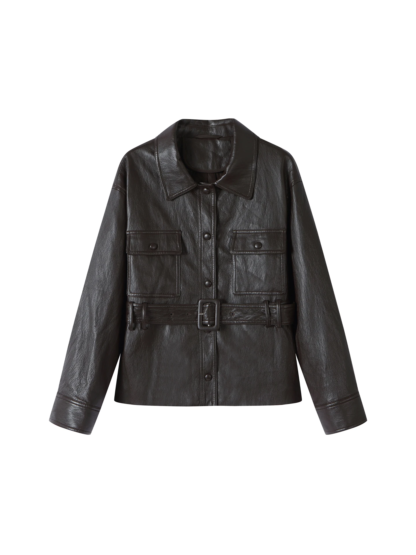 Binguo ヴィンテージブラウンベルト付き PU レザージャケット女性の春秋ショートレザーコートスリムフィット通勤スタイル長袖