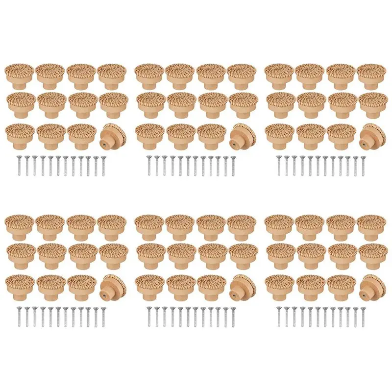 A84X-Boho Rattan Dresser Knobs Round Wooden Drawer Knobs Handmade Wicker Woven And Screws For Boho Furniture Knobs 72Pcs