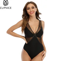 Plunge Neck One Piece Swimwear Women Polyester Solid V Neckline Mesh Cheeky Swimsuit