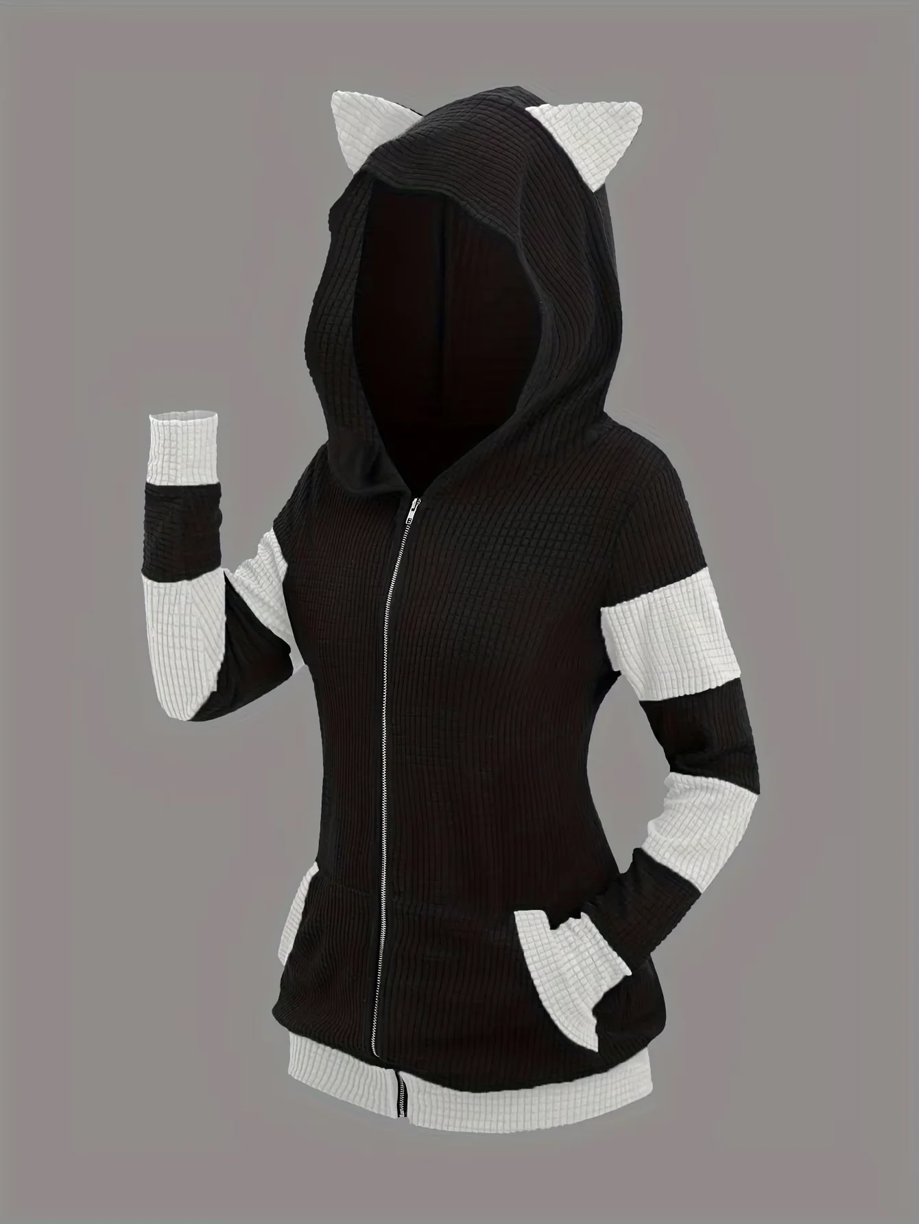 Dicker Kapuzenpullover mit Katzenohren und Reißverschluss, eine beliebte Übergrößen-Damenmode für Herbst und Winter in Europa und Amerika – Detail 6