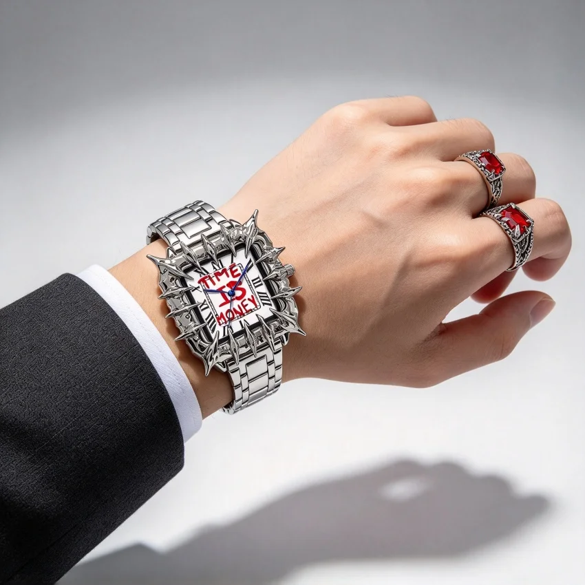 Spiked Bezel Square Wristwatch Men Matching Ring Set, Cyberpunk Gothic Punk Silver Band Quartz Statement Industrial Gift Set