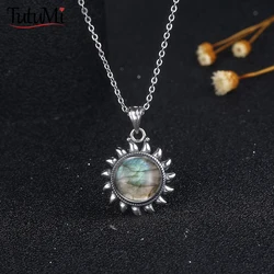 925 Sterling Silver Natural Labradorite Amethyst Necklace Sun Shape Vintage Necklace for Women Gift