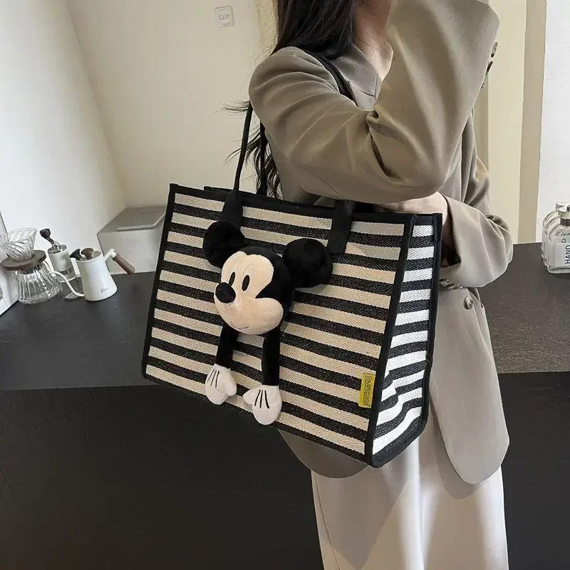 Kawaii Mickey Doll Cartoon Women's Shoulder Bag Cute Large Capacity Striped Tote Bag Fashion Handbag Shopping Bag Birthday Gifts