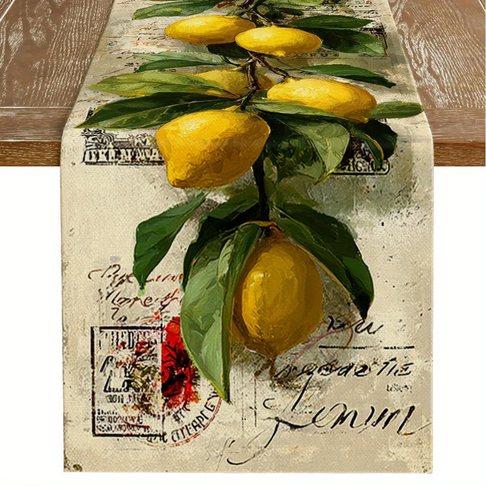 Yellow Lemon Fruit Branch Table Runner - Retro Realistic Pastoral Table Cover for Kitchen Dining & Summer Theme Decor