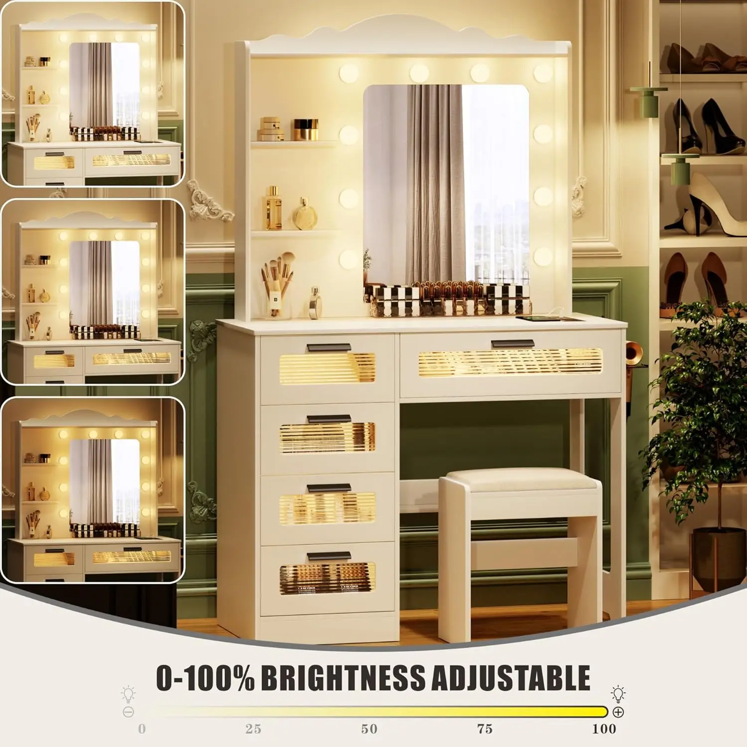 Bedroom Makeup Vanity Desk with Mirror and Lights, White, 5 Drawers, 2 Shelves, 10 Light Bulbs, USB Port, Human Sensor Design view 4