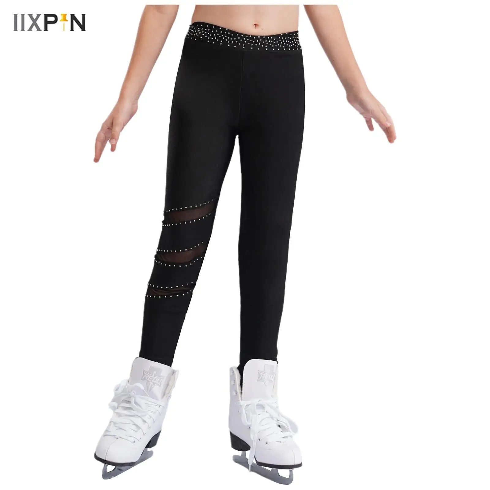 Kids Girls Figure Skating Pants Side Shiny Rhinestones Practice Leggings Pantyhose Gymnastics Performance Dance Training Tights