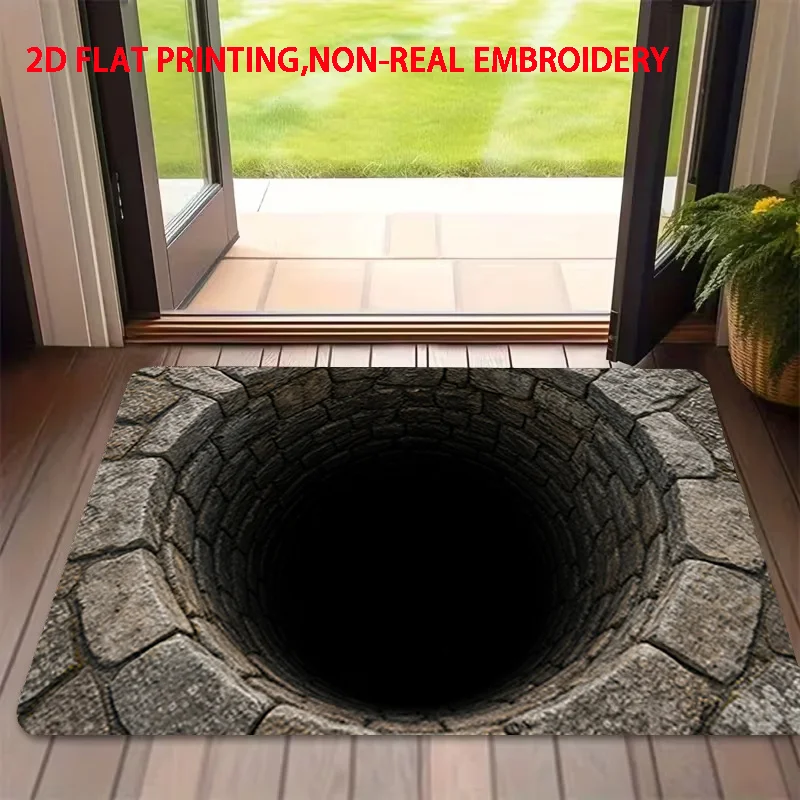 Stone Well Depth Illusion Carpet Gray Cobblestone Rim Dark Void Center Print Non Slip Mat For Optical Art Lover Home Decor
