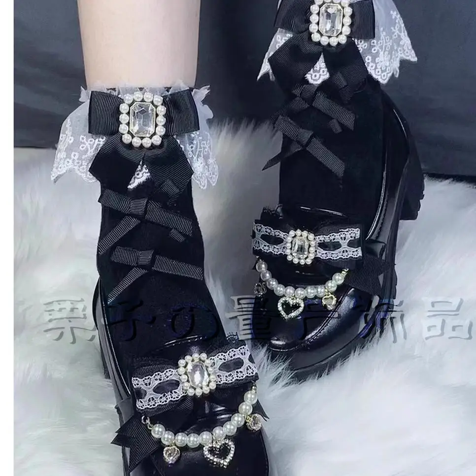 Japanese handmade lace bud mass-produced square diamond gem bow lace women's socks cute sweetheart girl socks Lolita with skirt