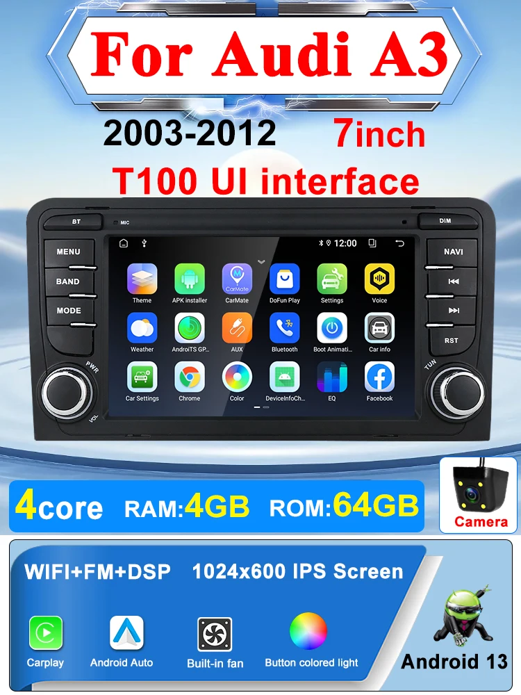 Voor Audi A3 8P S3 RS3 2003-2012 Android 13 Autoradio Multimedia Afspelen Video Speler GPS Navigatie Carplay, 4G, WiFi, DSP