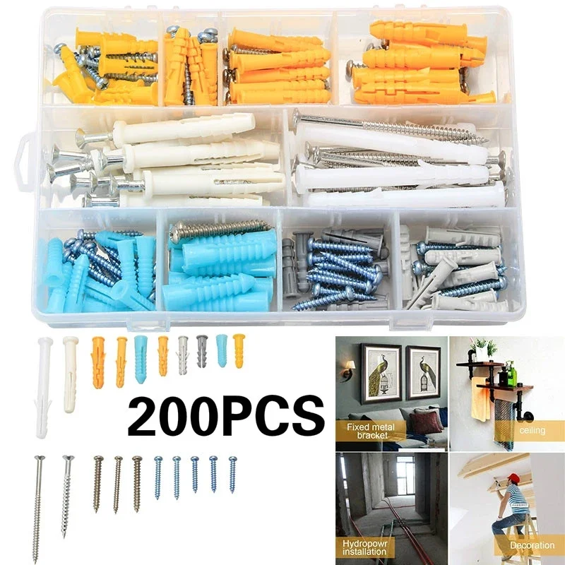 200 pcs Plastic Expansion Drywall Anchor Screws Self Tapping Screw Assortment Kit M4 M5 Stainless Steel Tube Wall Plugs