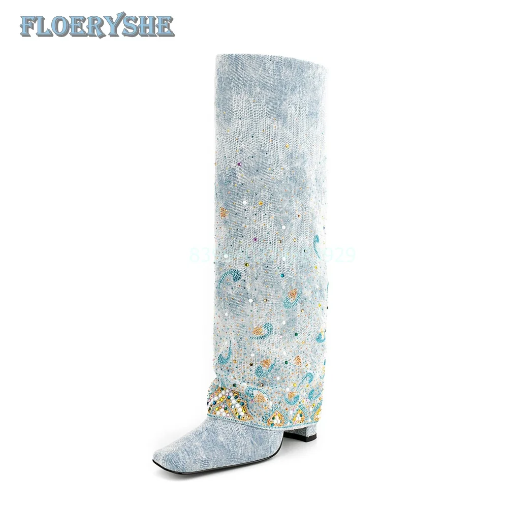 Rhinestone Cowboy Boots Knee-high Mixed Color Luxury Blue Chunky 2024 Design Winter Women Shoes Square Toe Light Blue Flanging