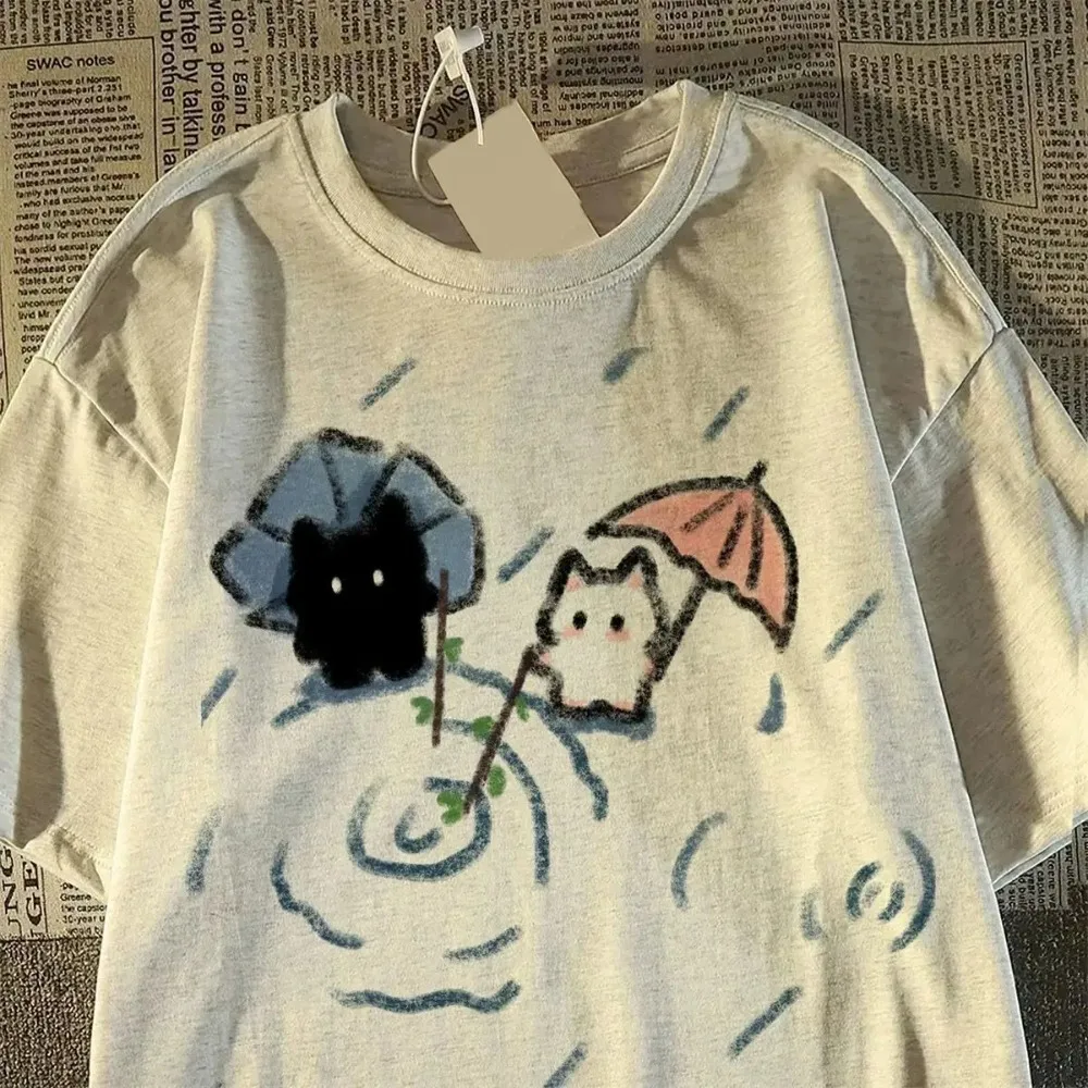 Damen-T-Shirt mit lässigem Katzenmotiv, Rundhalsausschnitt, kurzen Ärmeln und einem niedlichen schwarz-weißen japanischen Katzenmuster, klassisches Design, Trend – Detail 6