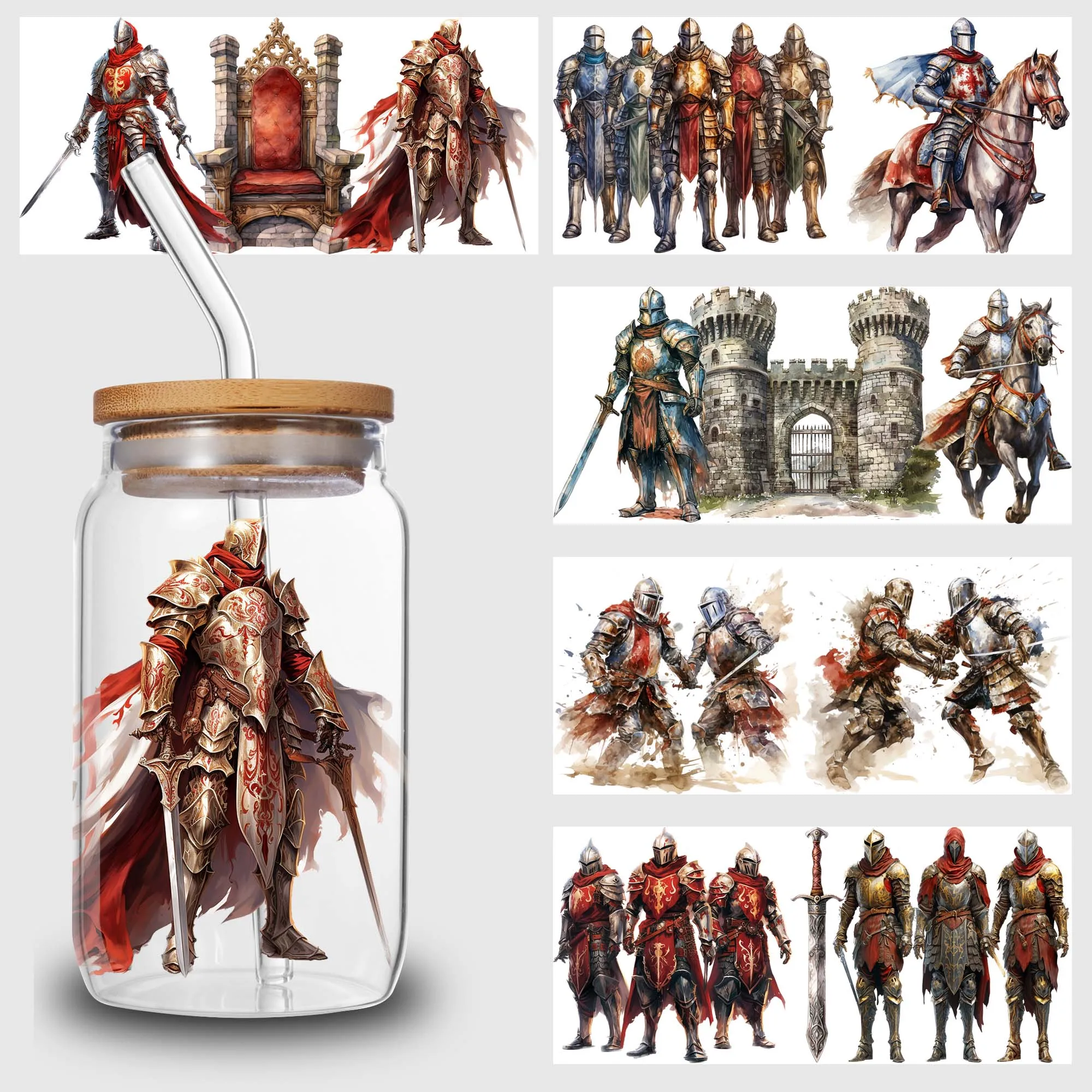 5 Sheets Medieval Knights UV DTF Mug Stickers, Glass DTF Transfer Stickers, Waterproof Wipe Transfer Paper for 16oz Glass, Mug