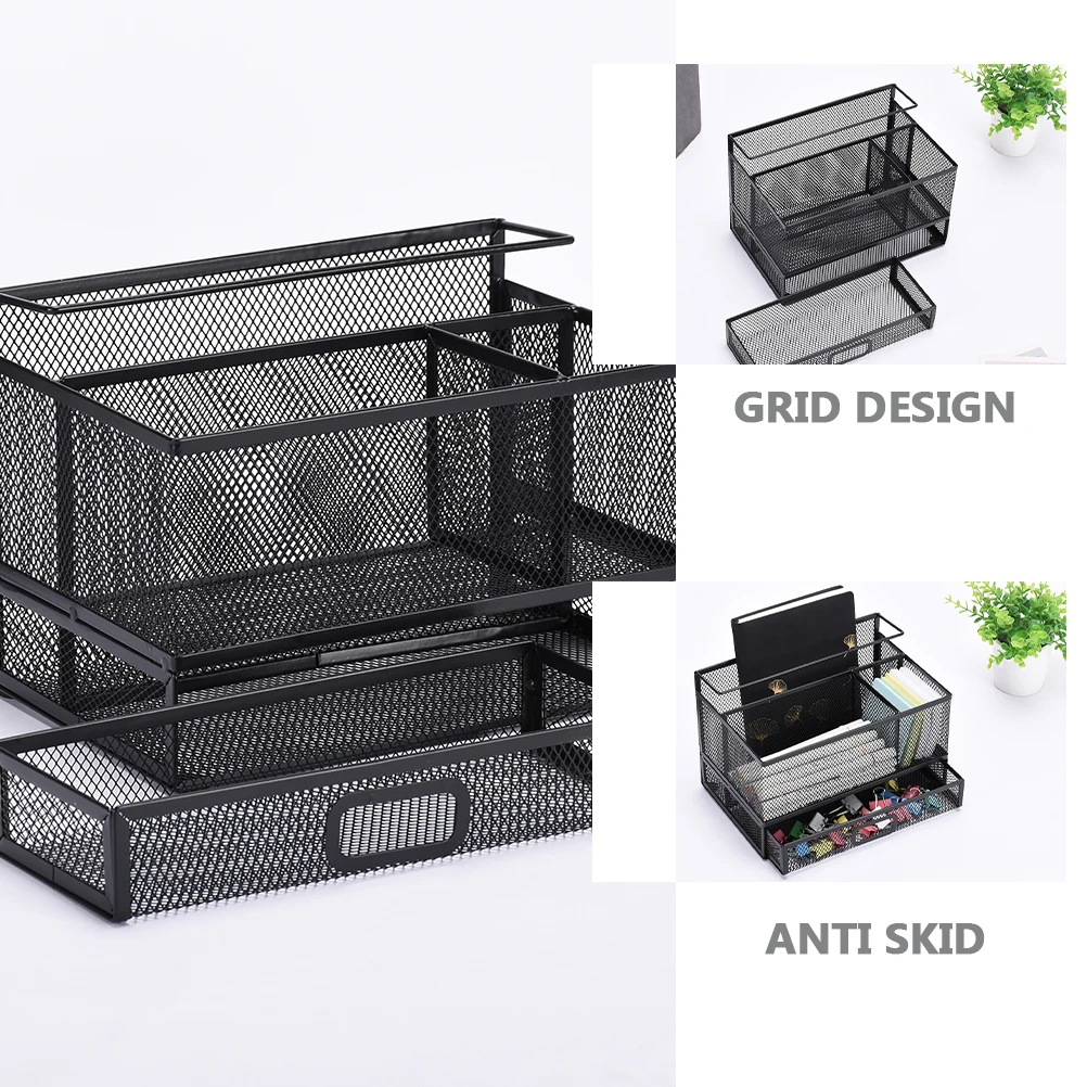 

3 Section Pen Holder Desk ganizer Black Metal Storage Box Wear resistant Anti slip Design Smooth Surface Multi function Pencil