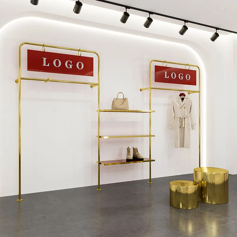 Kleiderständer für Bekleidungsgeschäfte, wandmontiert, vom Boden bis zur Decke, aus Edelstahl, Titan, Gold, zum Aufhängen von Kleidung, Damenbekleidung