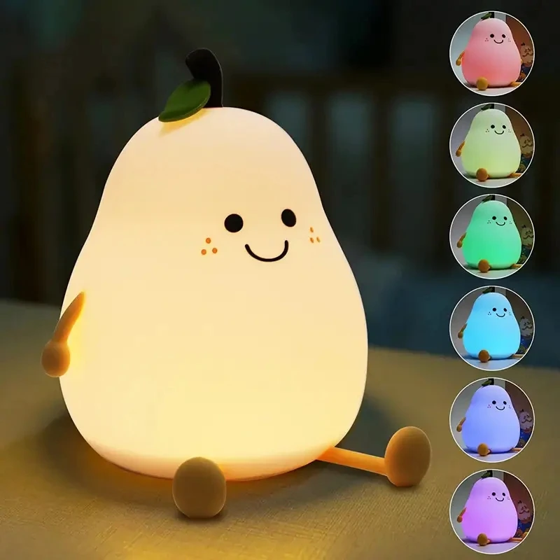 Creative Cute LED Pear Night Light USB Rechargeable Dimming Touch Silicone Table Lamp Bedroom Decoration Couple Gift Boby Light