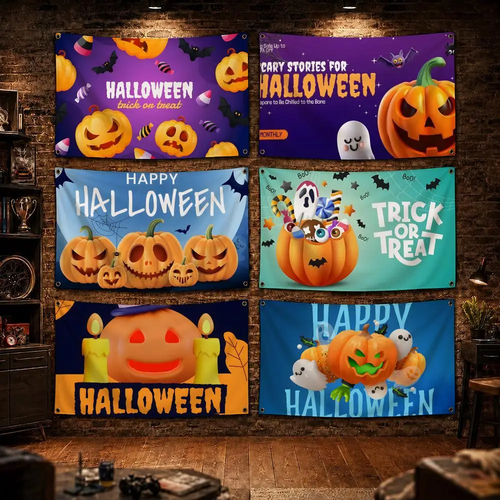 Blue Cute Pumpkin Halloween Cards Flags Decor Garage Flags for Bedrooms Outdoor Decor Tapestry Flaga Advertising Barber Shop