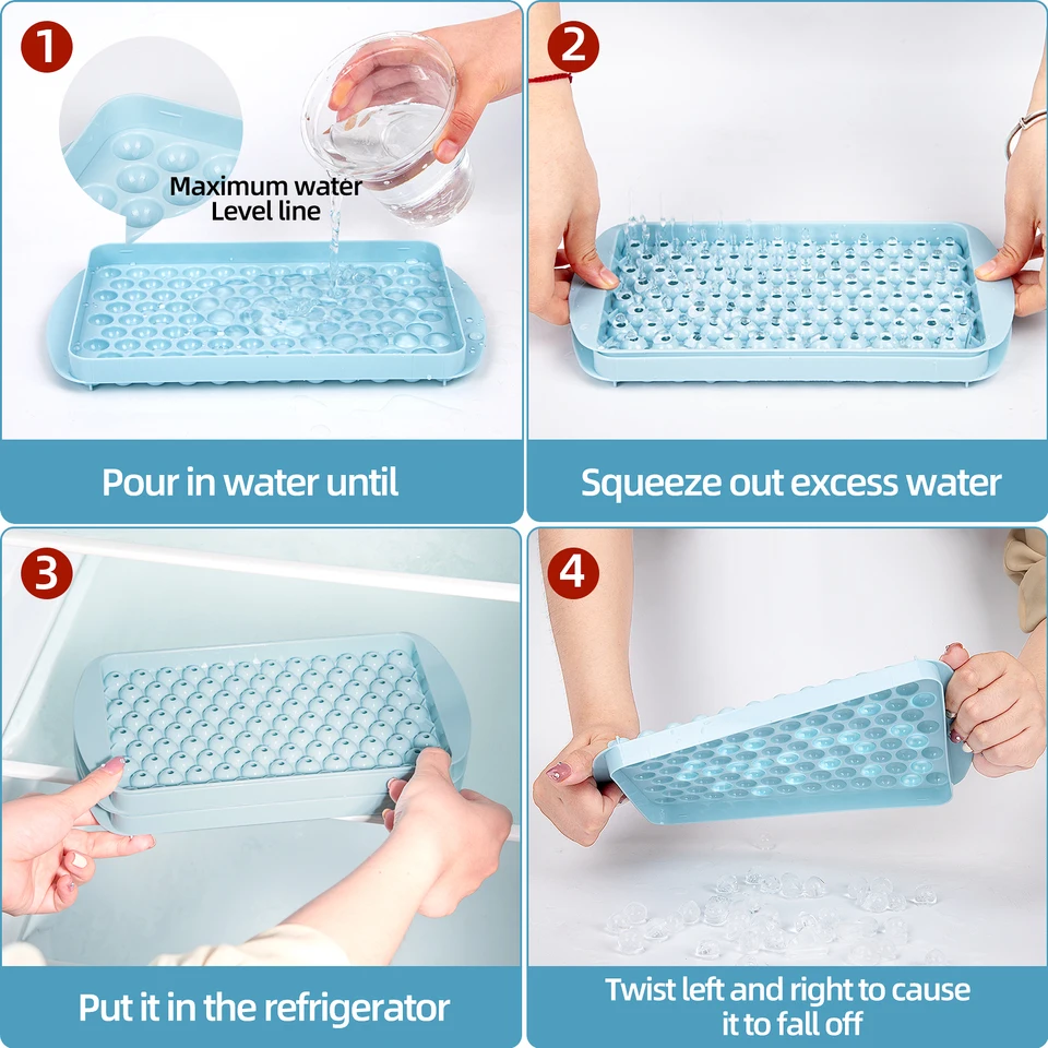 CKE – Lot de 4 mini bacs à glaçons ronds de 1,4 cm pour congélateur, 104 x 4 petits cubes de galets, mini bacs à glaçons pilés avec bac, paille SS et