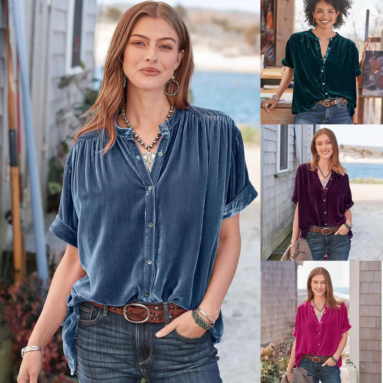 

Women's Gold Velvet Short Sleeve Shirt Single Top Velvet Fabric Puffy Sleeves Pure Color European Style Winter Collection