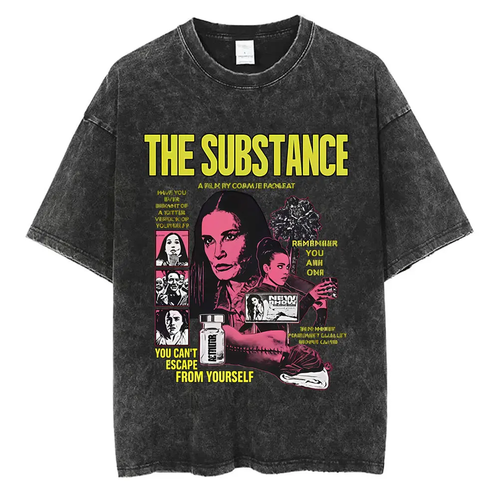 

Horror Movie The Substance Vintage Washed T-shirt Men Women Fashion Casual Oversized T Shirts Men's Gothic Rock Tees Streetwear