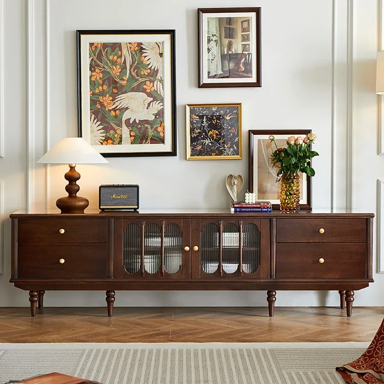 French retro TV cabinet, coffee table combination, all solid wood American light luxury, pure log walnut color