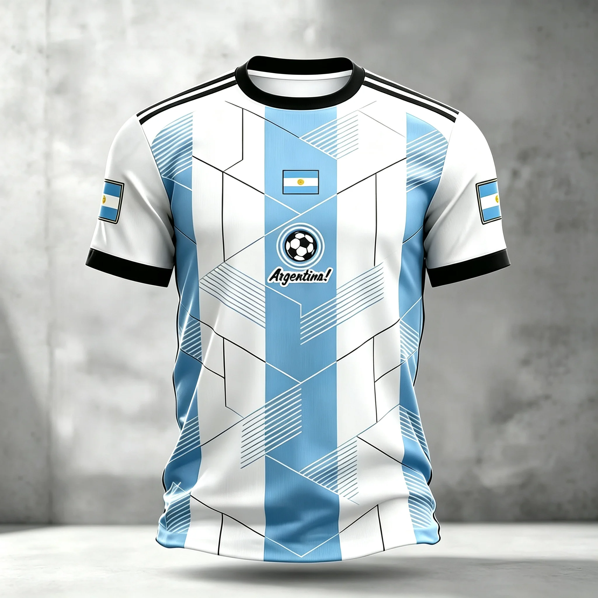 Argentina National Team Fan Jersey Stripe Print Short‑Sleeve Quick‑Dry Breathable Unisex Match Cheer Multi‑Color Soccer Top