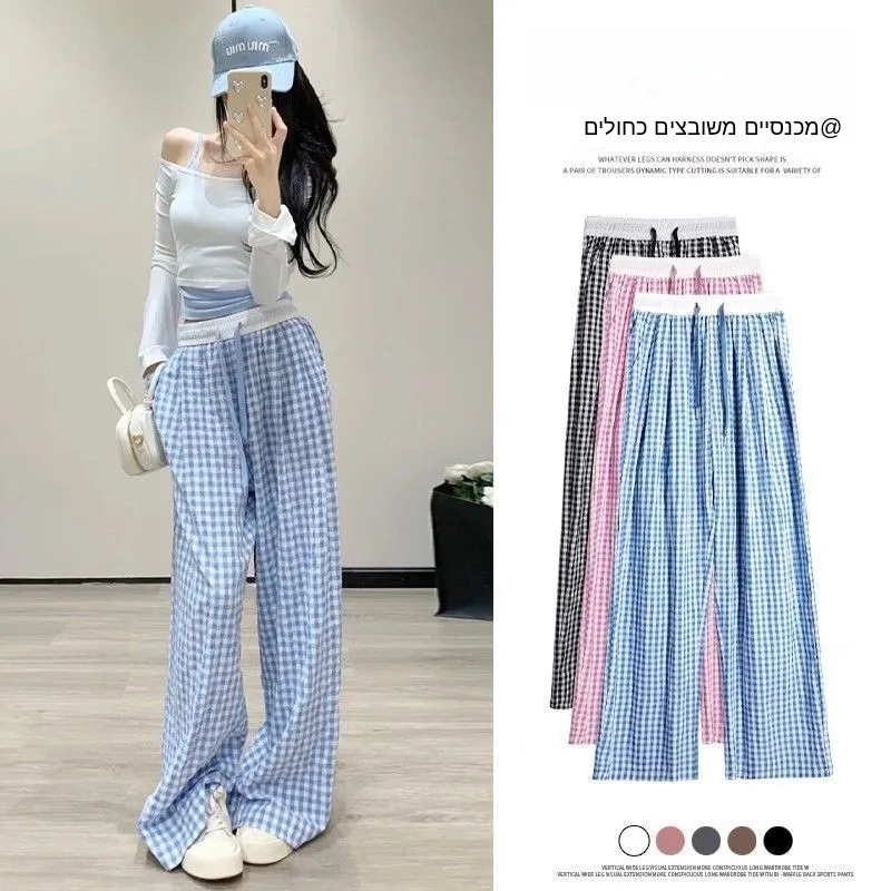 

Pink Plaid Wide Leg Pants Women's Summer Thin Design Casual Loose Straight Drapey Floor-Length Pants High Waist Elastic Waist