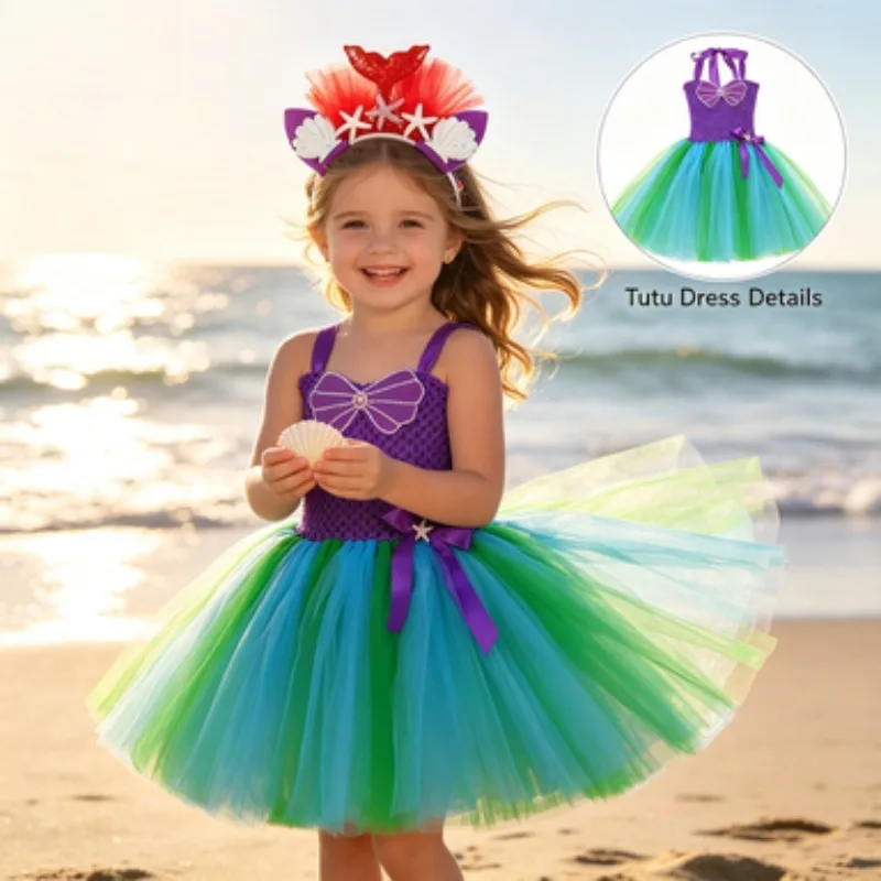

Little Girl Mermaid Princess Dress Set, Purple and Green Soft Tulle Tutu Dress, Outfit for Children's Day Stage Performances
