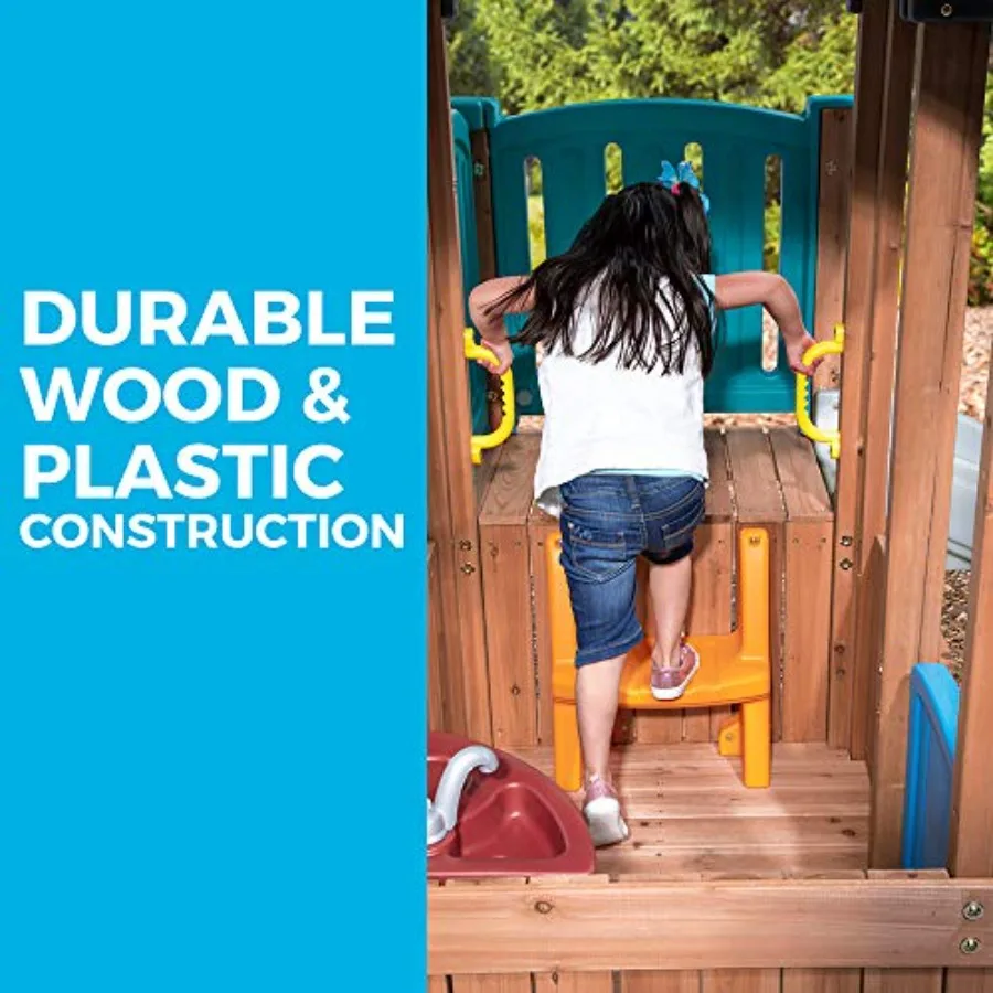 Woodland Adventure Playhouse & Slide, ensemble de jeu extérieur pour enfants, ensemble de terrain de jeu d'arrière-cour, balançoires, tiroir de rangement, en bois et dur