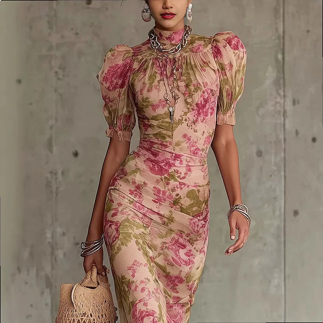 2026 New French Bubble Sleeve Printed Bodycon Long Dress Midi Dresses Spring Summer Fashion Pleated