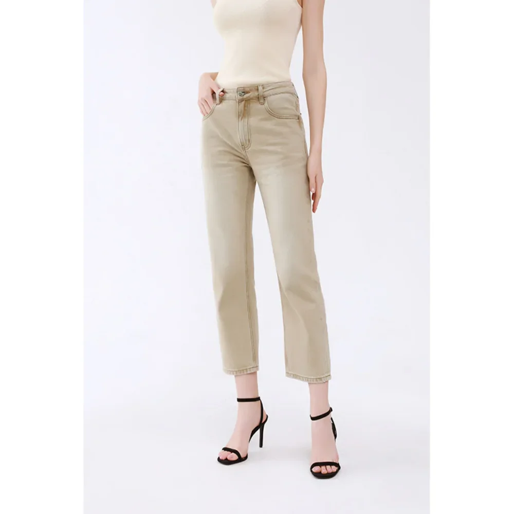 Spring Summer New High-waisted Thin and Loose Straight Brown Nine-point Jeans Female