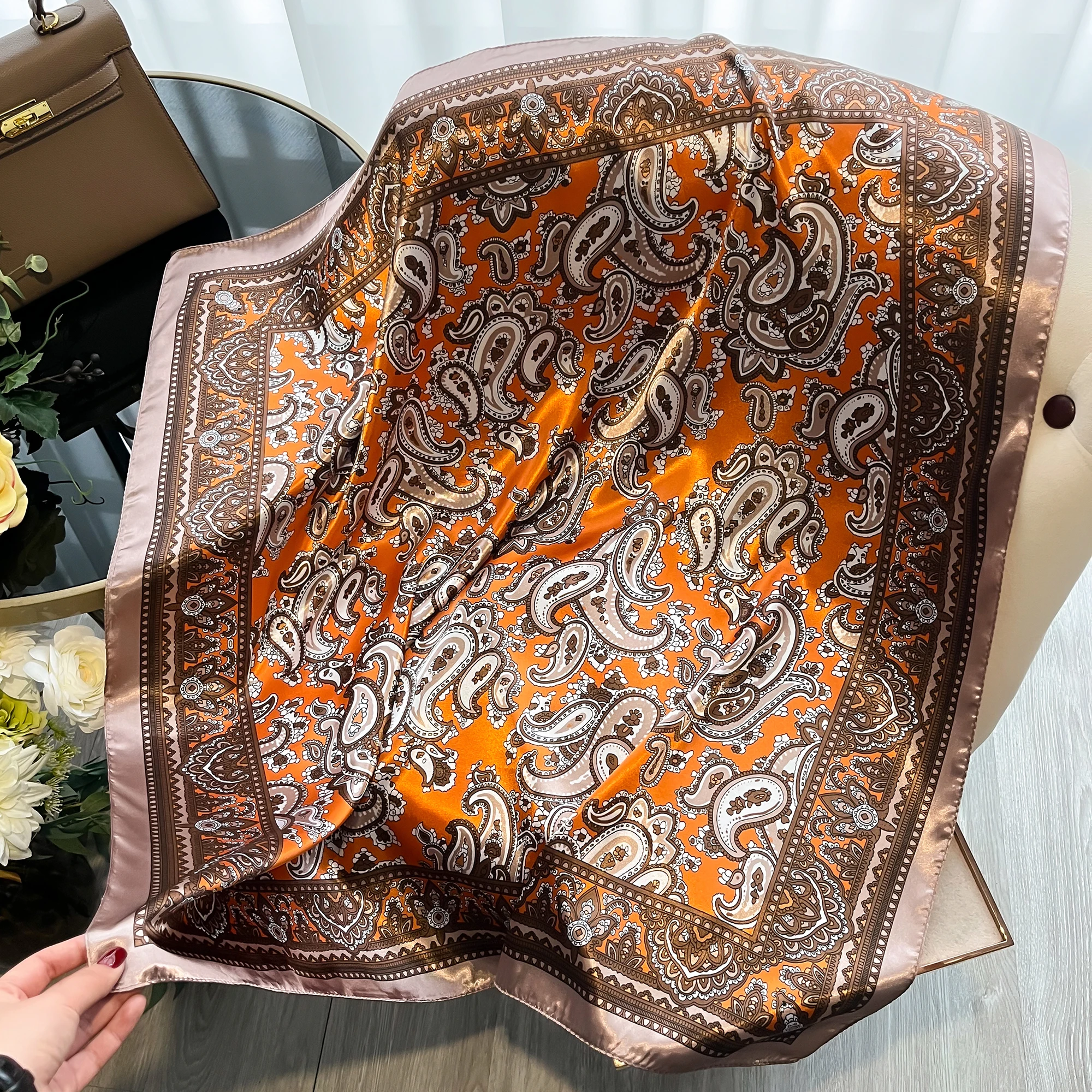 Classic Paisley Print Satin Square Scarf 90x90cm, Women Large Neck Shawl, Multi‑use Headscarf Bag Accessory Gift