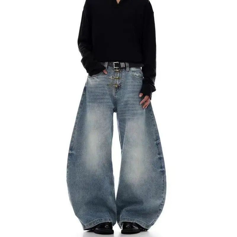 Retro American Washed  Baggy Knife  Jeans Men Women Casual Loose Design Sense Aircraft Buckle Pants Straight Leg
