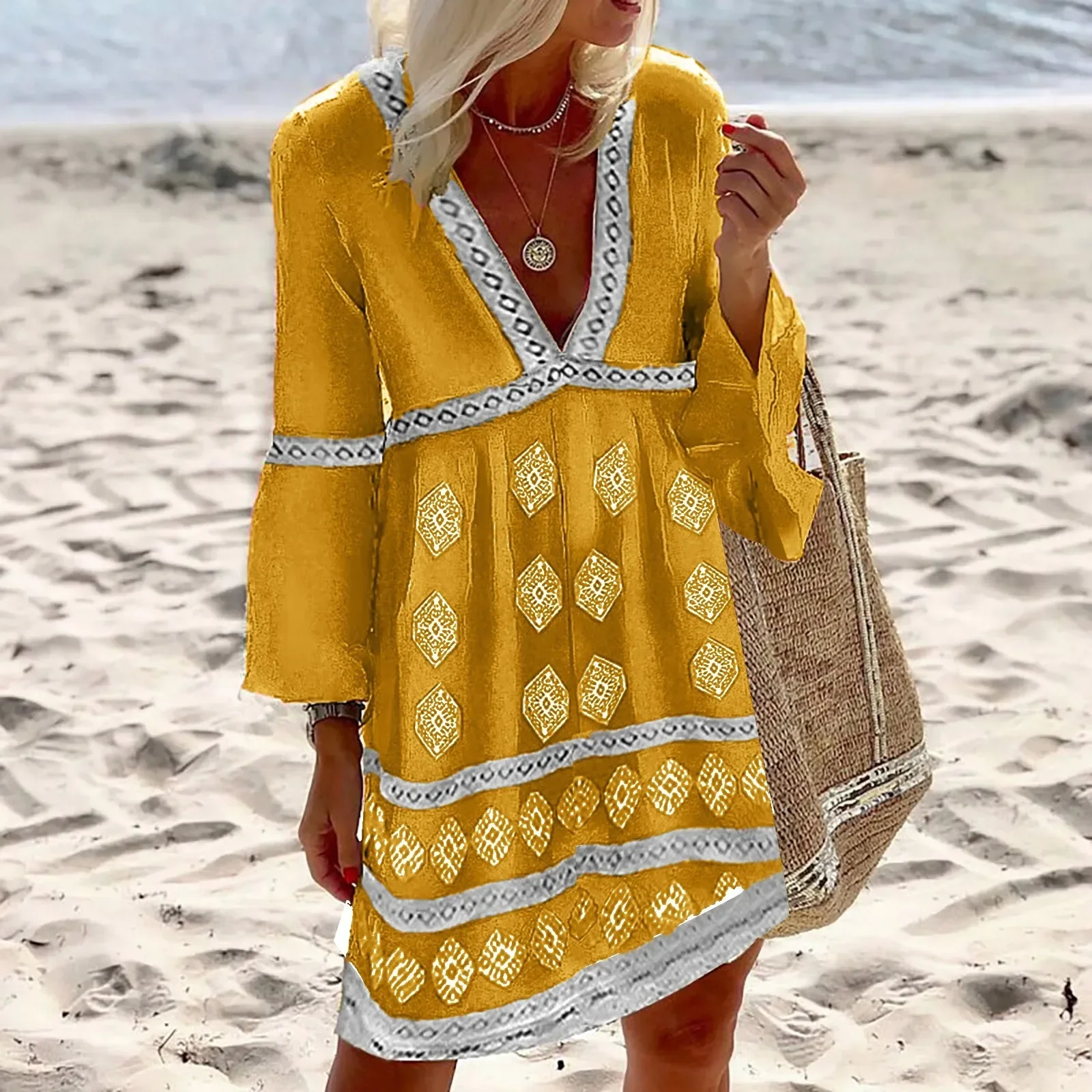 Summer Women Boho Loose Beach Party Elegant Dress Printing Long Sleeve Medium Vestidos Outfits Ladies Sundress