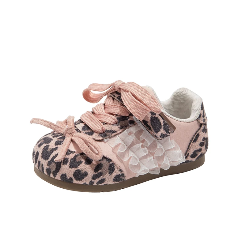 Kids Leopard Print Sneakers with Lace & Ruffle Decor, Cute Pink Casual Shoes for Baby Girls, Comfortable Toddler Walking Shoes