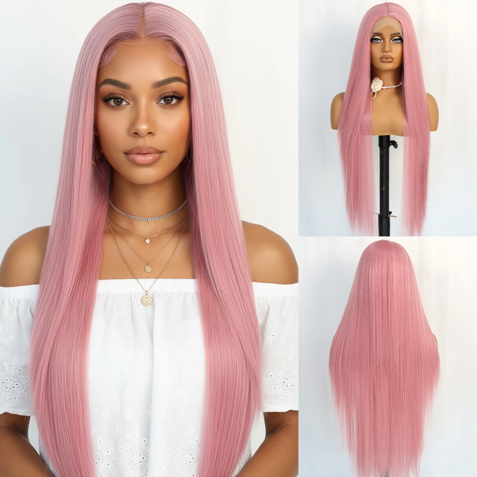 

Aubree Synthetic Lace Front Wig For Women 13x4x1 Lace Frontal Pre Plucked Pink Hair 32inch Long Straight Cosplay Wigs Heat Resistant