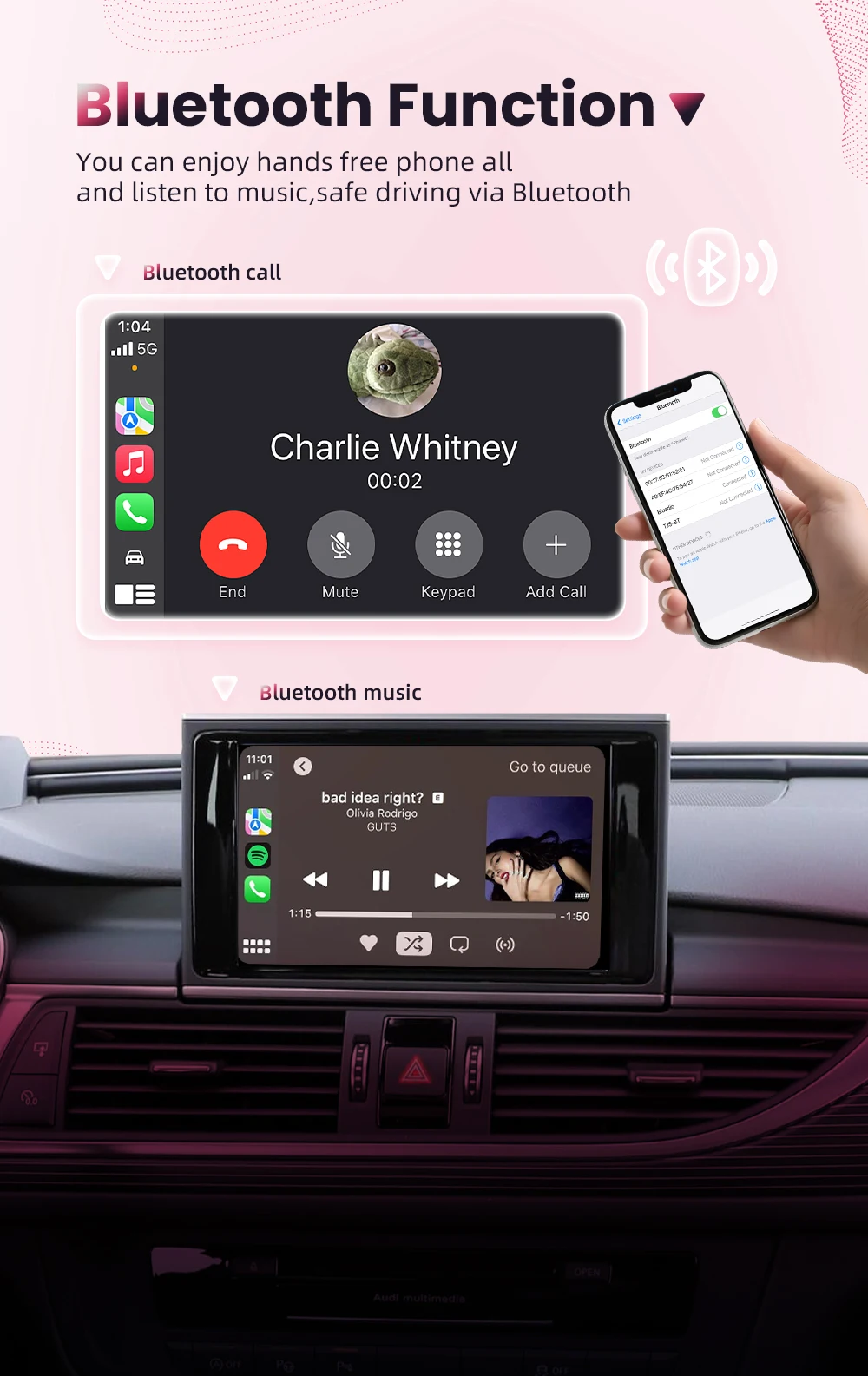 BONROAD Drahtloses CarPlay-Schnittstellenmodul für Audi A6 A7 A4 A5 Q3 A1 Q5 mit Android Auto Mirror Link AirPlay Bluetooth – Detail 10