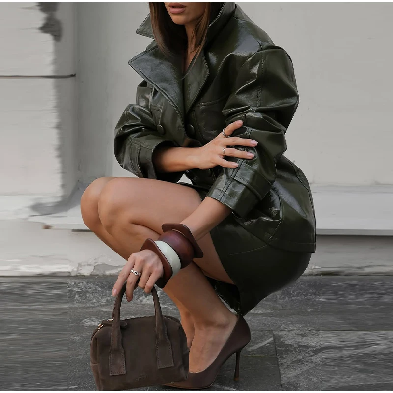 Solid PU Leather Women's Jacket Mini Skirt Set Lapel Neck Full Sleeve Double Breasted Coat Suit 2025 Autumn Stylish Edgy Outfit