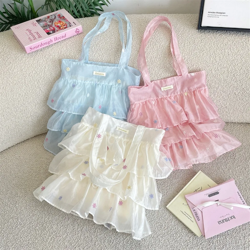 Sweet Layered Ruffle Shoulder Bag Pastel Color Sheer Tote Bag with Flower Embroidery Large Capacity Casual Handbag for Vacation