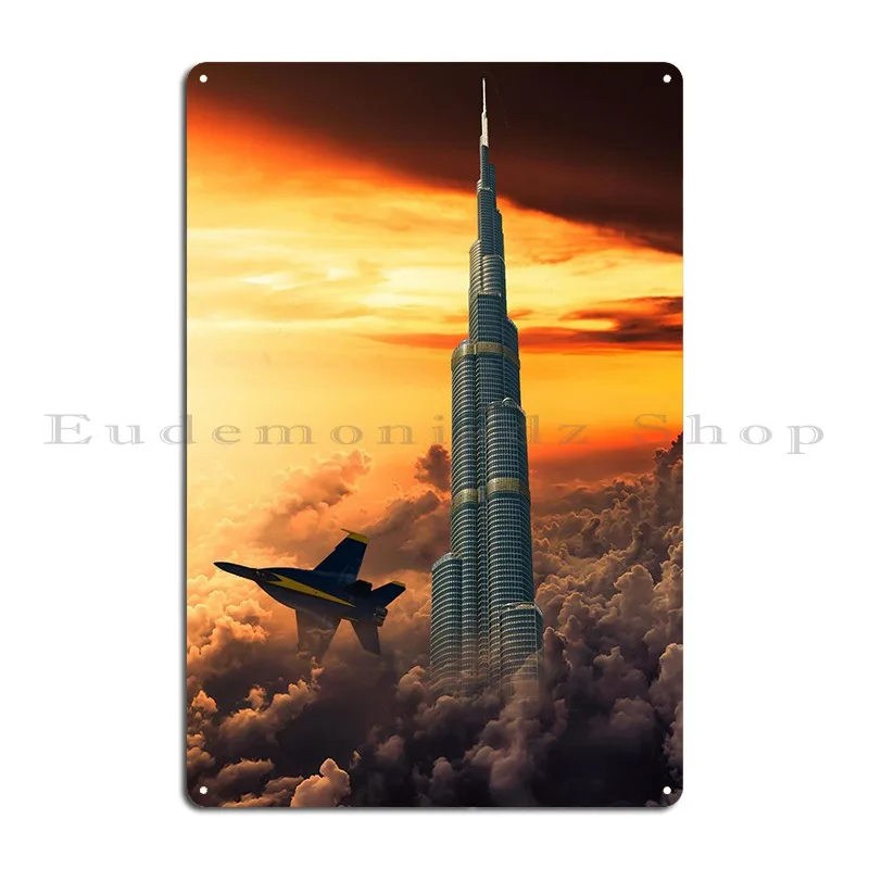 Jet Skyscraper And Clouds Metal Sign Bar Vintage Home Create Garage Tin Sign Poster