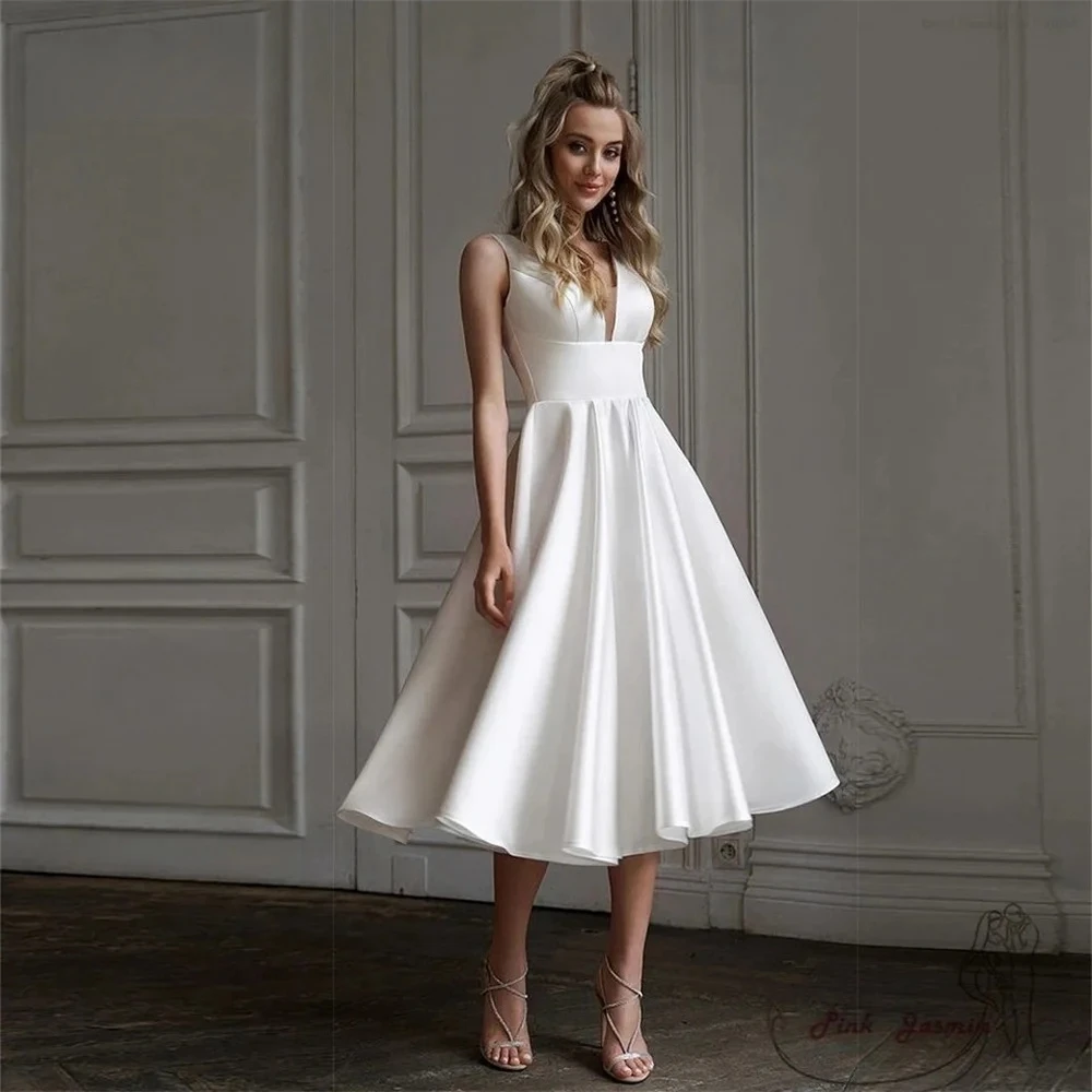 

Женское свадебное платье-трапеция, Короткое свадебное платье с V-образным вырезом и открытой спиной, без рукавов, на бретельках, 2024