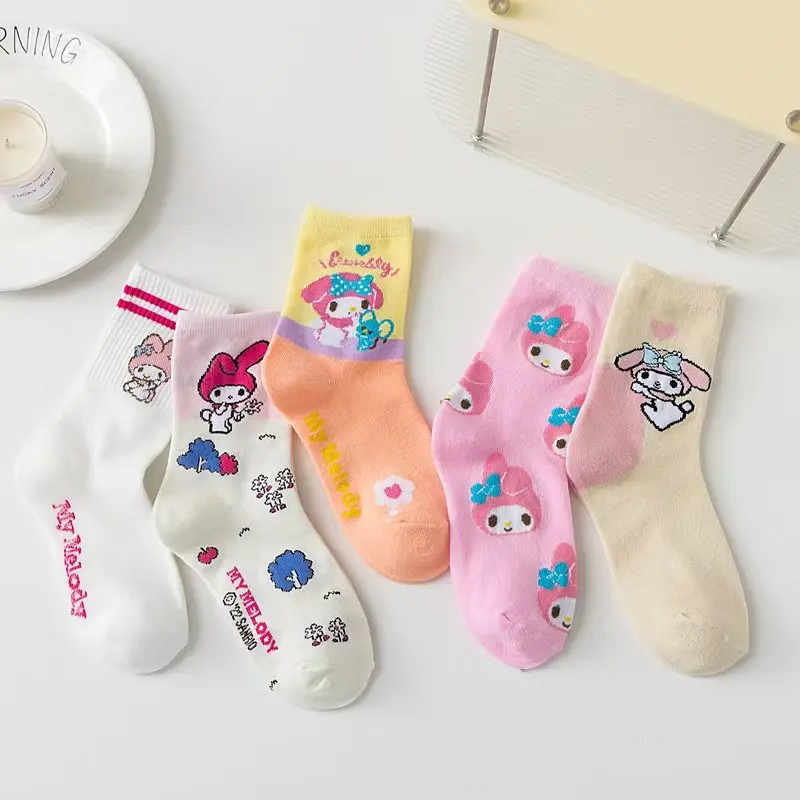 Sanrio Cinnamoroll-Calcetines de algodón para niño y niña, medias de media pantorrilla con dibujos animados de Hello Kitty, Kuromi, invierno, 5 pares