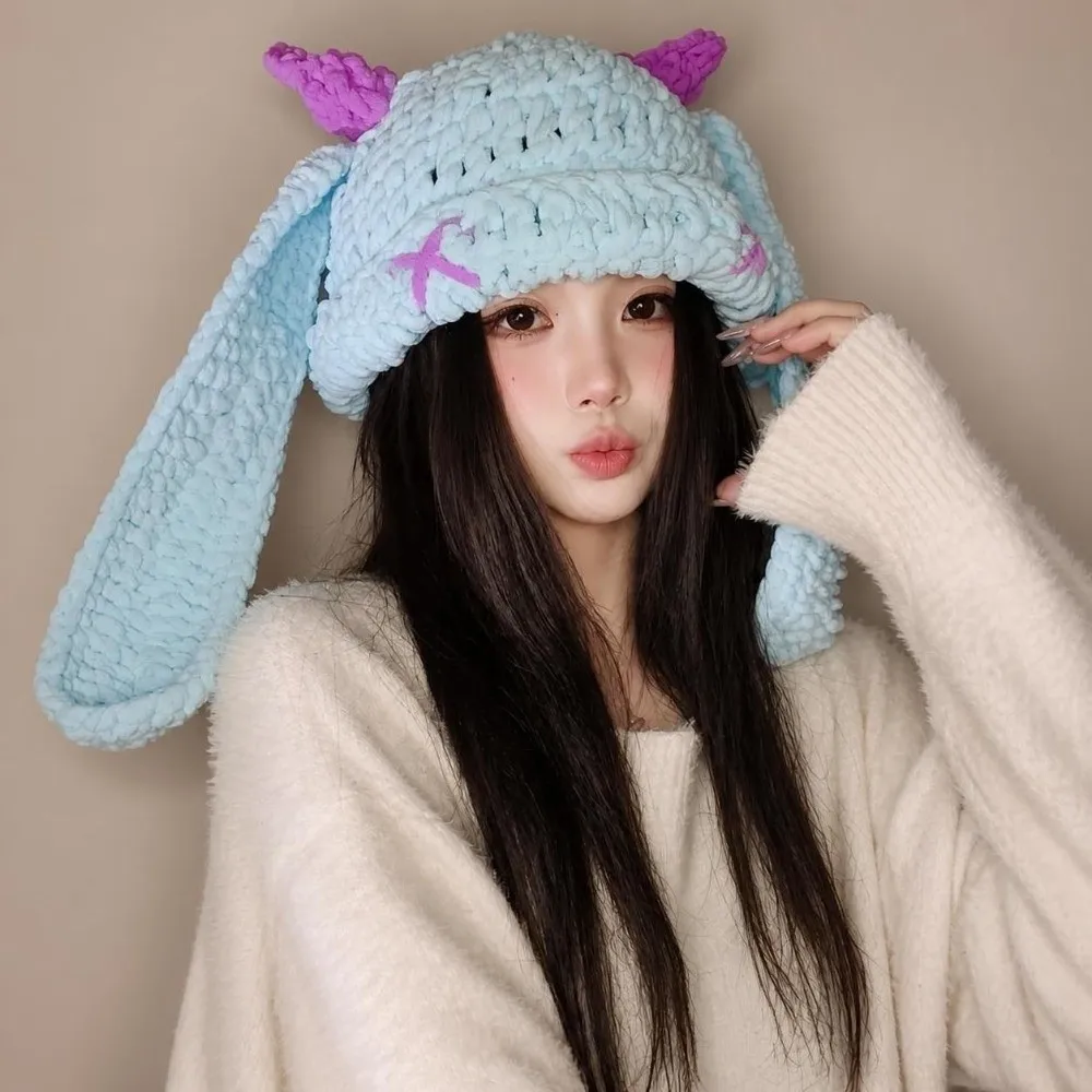 Elastic Knit Women's Warm Knitted Hat Soft Warm Thickened Little Devil Long Ears Cap Protection From Cold Pullover Hat For Women