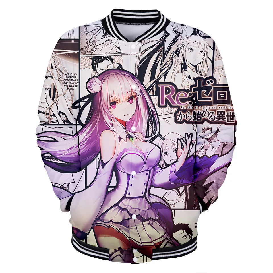 Re Zero Rem and Ram 3D Baseball Uniform Jacket Cosplay Coat Men/Women's Harajuku SweatshirtsHip Hop Anime Fashion Hoodie tops